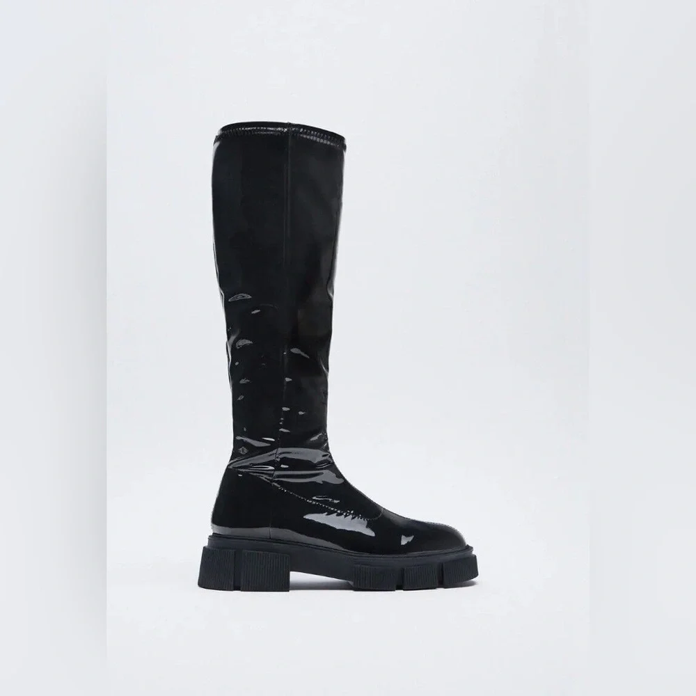Zara Black Flat Faux Patent Stretch Knee High Boots Women’s Size 9.5 Men’s 8